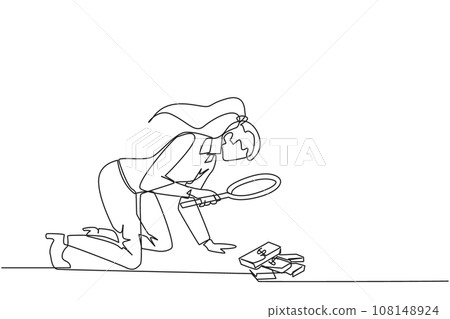 Single one line drawing of businesswoman looked down examining piles of banknotes with magnifiers. Businesswoman who know the rules, don't take what doesn't belong. Continuous line design illustration Single one line drawing of businesswoman looked down examining piles of banknotes with magnifiers. Businesswoman who know the rules, don't take what doesn't belong. Continuous line design illustration 108148924