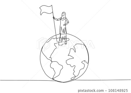 Single one line drawing of successful Arabian businesswoman standing on giant globe holding flag. Businesswoman celebrating victory. Metaphor of conquering the world. Continuous line design graphic Single one line drawing of successful Arabian businesswoman standing on giant globe holding flag. Businesswoman celebrating victory. Metaphor of conquering the world. Continuous line design graphic 108148925