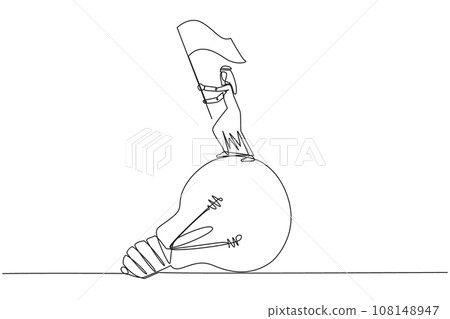 Continuous one line drawing of young Arabian businessman standing on giant lightbulb raising flag in the hand. Celebrating a great idea for the next step of business. Single line draw design vector 108148947