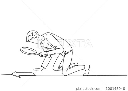 Continuous one line drawing of businessman looked down checking arrows with magnifier. Check the direction, it is towards a growing business or makes the business loss. Single line draw design vector 108148948