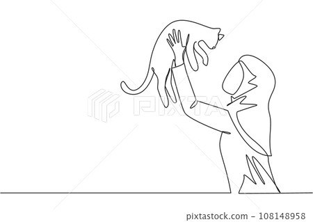 Continuous one line drawing of young beauty Arabian woman holding her cute cat. Woman pet owner plays with little cat. Happy woman holding cute kitty. Caring animals. Single line draw design vector Continuous one line drawing of young beauty Arabian woman holding her cute cat. Woman pet owner plays with little cat. Happy woman holding cute kitty. Caring animals. Single line draw design vector 108148958
