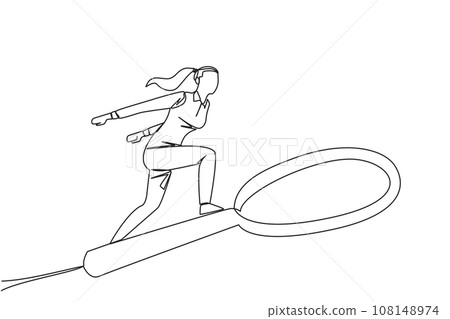 Single one line drawing of businesswoman rides a big magnifier like she's skateboarding. Someone is trying to find the right information among big data. Continuous line design graphic illustration 108148974
