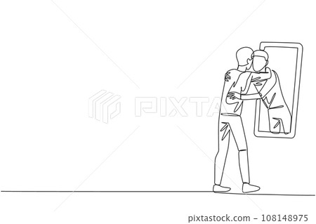 Single continuous line drawing of young happy trendy man stand in front of mirror. His reflection get out of mirror and hug each other. Caring. Self love concept. One line design vector illustration 108148975