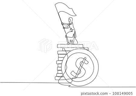Single one line drawing of Arabian businesswoman standing on stack of coins raising flag. Successful remote freelance work. Get a lot of money. Concept of smart business. Award. Continuous line design 108149005
