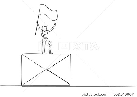 Continuous one line drawing of young businesswoman standing on giant email icon raising flag. Received a cooperation offer email that is very profitable for the company. Single line draw design vector Continuous one line drawing of young businesswoman standing on giant email icon raising flag. Received a cooperation offer email that is very profitable for the company. Single line draw design vector 108149007