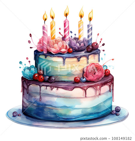 watercolor birthday cake with candles isolated watercolor birthday cake with candles isolated 108149182
