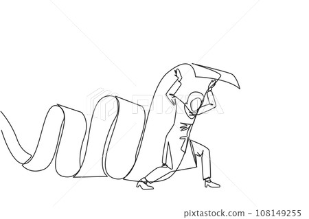 Single continuous line drawing Arab businesswoman held long roll of billing paper with shoulders. Bear and keep paying amount of bills so business continues to run. One line design vector illustration 108149255