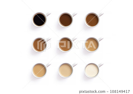 Square of coffee cups. Concept photo of a coffee lover from black to with milk Coffee banner HORIZONTAL Square of coffee cups. Concept photo of a coffee lover from black to with milk Coffee banner HORIZONTAL 108149417