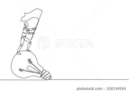 Continuous one line drawing of robotic artificial intelligence standing on giant lightbulb holding fluttering flag. Future technology development concept. Single line draw design vector illustration 108149584