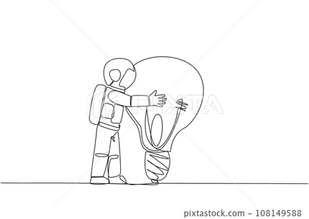 Single one line drawing young energetic astronaut hugging big lightbulb. Metaphors cherish brilliant ideas. Genius astronaut. Cosmic galaxy deep space. Continuous line design graphic illustration Single one line drawing young energetic astronaut hugging big lightbulb. Metaphors cherish brilliant ideas. Genius astronaut. Cosmic galaxy deep space. Continuous line design graphic illustration 108149588