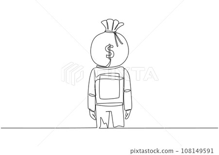Single one line drawing young astronaut with money bag instead of head, stand facing forward. Thinking about the advantages of joining the space industry. Continuous line design graphic illustration 108149591