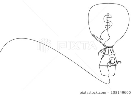 Single one line drawing young energetic astronaut using monocular, flying with hot air balloon money bag. Highlights to the moon surface. Galaxy deep space. Continuous line design graphic illustration Single one line drawing young energetic astronaut using monocular, flying with hot air balloon money bag. Highlights to the moon surface. Galaxy deep space. Continuous line design graphic illustration 108149600
