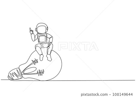 Continuous one line drawing young energetic astronaut sitting on big lightbulb raise one hand. Gestures  as having clever ideas about moon expeditions. Single line draw design vector illustration 108149644