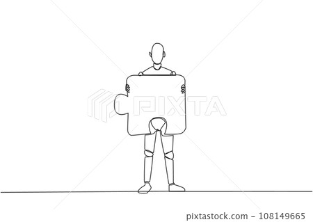 Single continuous line drawing robotic artificial intelligence brought puzzle piece and placed it in front of chest. Teamwork brings one piece each. Future tech. One line design vector illustration Single continuous line drawing robotic artificial intelligence brought puzzle piece and placed it in front of chest. Teamwork brings one piece each. Future tech. One line design vector illustration 108149665