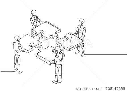 Single one line drawing four robotics artificial intelligence standing with each holding a puzzle pieces. Teamwork to put together the puzzle. Future tech. Continuous line design graphic illustration 108149666