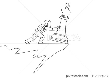 Single one line drawing astronaut pushes giant chess piece of king over the edge of a cliff. Lost leader during an expedition on the lunar surface. Cosmic. Continuous line design graphic illustration Single one line drawing astronaut pushes giant chess piece of king over the edge of a cliff. Lost leader during an expedition on the lunar surface. Cosmic. Continuous line design graphic illustration 108149667