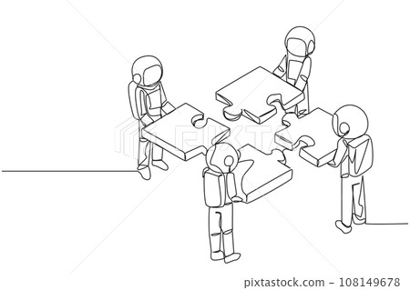 Single continuous line drawing four young energetic astronaut standing with each holding puzzle pieces. Teamwork to put together the puzzle into one shape. Cosmic. One line design vector illustration Single continuous line drawing four young energetic astronaut standing with each holding puzzle pieces. Teamwork to put together the puzzle into one shape. Cosmic. One line design vector illustration 108149678
