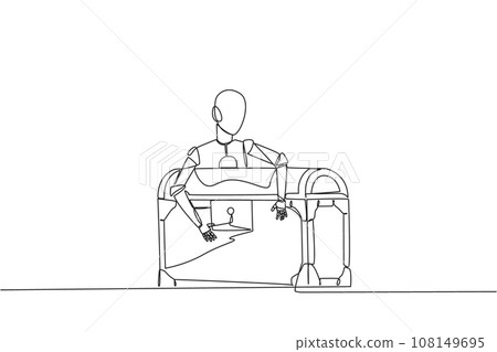 Single continuous line drawing robotic hugging treasure chest. Scans were carried out to determine how antique the objects were inside. Future technology concept. One line design vector illustration Single continuous line drawing robotic hugging treasure chest. Scans were carried out to determine how antique the objects were inside. Future technology concept. One line design vector illustration 108149695
