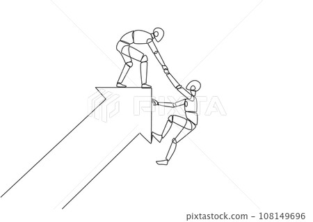 Single continuous line drawing a robot pulled the arm of another robot that almost fell from the big arrow. Team work to help colleagues. Growing together. Tech AI. One line design vector illustration Single continuous line drawing a robot pulled the arm of another robot that almost fell from the big arrow. Team work to help colleagues. Growing together. Tech AI. One line design vector illustration 108149696