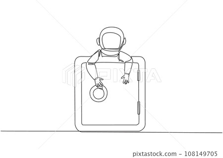 Continuous one line drawing young energetic astronaut hugging safe deposit box. The expedition database is kept in the safest place. Cosmonaut galaxy space. Single line draw design vector illustration 108149705