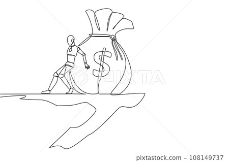 Single continuous line drawing robot pushes the large money bag down with its back from the edge of cliff. Rich robots spending money. Future technology concept. One line design vector illustration Single continuous line drawing robot pushes the large money bag down with its back from the edge of cliff. Rich robots spending money. Future technology concept. One line design vector illustration 108149737