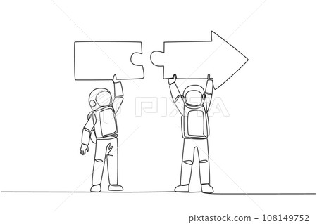 Continuous one line drawing two astronauts doing teamwork to carrying directional arrow puzzle. Metaphor equate ideas. Deep space astronaut concept. Cosmic. Single line draw design vector illustration 108149752