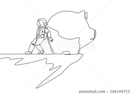 Single continuous line drawing astronaut pushed giant piggy bank down with his back from the edge of the cliff. Failed to save, the piggy bank is always empty. One line design vector illustration Single continuous line drawing astronaut pushed giant piggy bank down with his back from the edge of the cliff. Failed to save, the piggy bank is always empty. One line design vector illustration 108149753