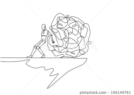 Single continuous line drawing robot pushes a tangled circle giant down from the edge of cliff. Drop excess anxiety. Future technology development concept. AI tech. One line design vector illustration Single continuous line drawing robot pushes a tangled circle giant down from the edge of cliff. Drop excess anxiety. Future technology development concept. AI tech. One line design vector illustration 108149761
