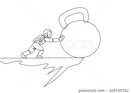 Single continuous line drawing astronaut pushes giant kettlebell over the edge of a cliff. Exercise builds muscle in space. The concept of tough man in outer space. One line design vector illustration Single continuous line drawing astronaut pushes giant kettlebell over the edge of a cliff. Exercise builds muscle in space. The concept of tough man in outer space. One line design vector illustration 108149762