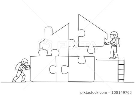 Continuous one line drawing two astronauts put together square puzzle in the shape of house. Teamwork and ladders make putting together puzzles even easier. Single line draw design vector illustration 108149763