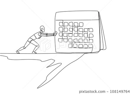 Continuous one line drawing robot pushes a giant desk calendar down from the edge of cliff. Many trials of robots fail every month. Future robotic. AI tech. Single line draw design vector illustration Continuous one line drawing robot pushes a giant desk calendar down from the edge of cliff. Many trials of robots fail every month. Future robotic. AI tech. Single line draw design vector illustration 108149764