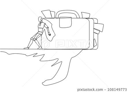 Single continuous line drawing robot pushes giant briefcase down with its back from the edge of cliff. Robotic artificial intelligence. Future technology concept. One line design vector illustration Single continuous line drawing robot pushes giant briefcase down with its back from the edge of cliff. Robotic artificial intelligence. Future technology concept. One line design vector illustration 108149773