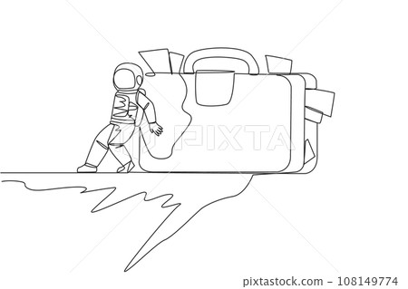 Single one line drawing astronaut pushed giant briefcase down with his back from the edge of a cliff. Tough man in outer space. Cosmic galaxy space concept. Continuous line design graphic illustration Single one line drawing astronaut pushed giant briefcase down with his back from the edge of a cliff. Tough man in outer space. Cosmic galaxy space concept. Continuous line design graphic illustration 108149774