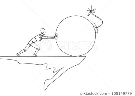Continuous one line drawing robot pushes large bomb with a burning fuse down from the edge of cliff. Concept of keeping away from harm. Future tech concept. Single line draw design vector illustration Continuous one line drawing robot pushes large bomb with a burning fuse down from the edge of cliff. Concept of keeping away from harm. Future tech concept. Single line draw design vector illustration 108149779