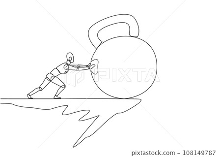 Single one line drawing robot pushes the large kettlebell down from the edge of the cliff. Exercise increases power. Future technology development concept. Continuous line design graphic illustration 108149787