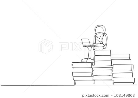 Single one line drawing young energetic astronaut sitting on pile of giant papers typing laptop. Write daily notes during the expedition. Galaxy space. Continuous line design graphic illustration Single one line drawing young energetic astronaut sitting on pile of giant papers typing laptop. Write daily notes during the expedition. Galaxy space. Continuous line design graphic illustration 108149808