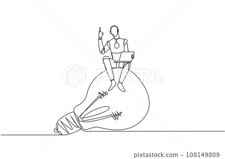 Single one line drawing robotic artificial intelligence sitting on giant lightbulb holding laptop raise one hand. Future technology development concept. Continuous line design graphic illustration Single one line drawing robotic artificial intelligence sitting on giant lightbulb holding laptop raise one hand. Future technology development concept. Continuous line design graphic illustration 108149809
