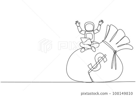 Continuous one line drawing young astronaut sitting on giant money bag holding laptop raise both hands. Keep lots of money in the bag for next expedition. Single line draw design vector illustration Continuous one line drawing young astronaut sitting on giant money bag holding laptop raise both hands. Keep lots of money in the bag for next expedition. Single line draw design vector illustration 108149810