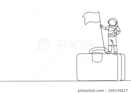 Single one line drawing young energetic astronaut standing on giant briefcase holding fluttering flag. Mission accomplished, it's time to return to earth. Continuous line design graphic illustration 108149817