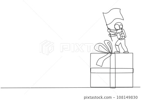 Single continuous line drawing young energetic astronaut standing on giant gift box holding fluttering flag. Bring gifts containing space materials for the team on earth. One line vector illustration Single continuous line drawing young energetic astronaut standing on giant gift box holding fluttering flag. Bring gifts containing space materials for the team on earth. One line vector illustration 108149830