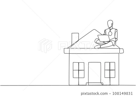 Single continuous line drawing robotic artificial intelligence sitting on miniature house typing laptop. Marketing division robot. Selling houses via internet and social media. One line design vector Single continuous line drawing robotic artificial intelligence sitting on miniature house typing laptop. Marketing division robot. Selling houses via internet and social media. One line design vector 108149831