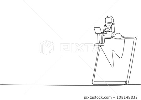 Single one line drawing young energetic astronaut sitting on giant clipboard typing laptop. Re-check the list of expedition work done. Cosmonaut deep space. Continuous line design graphic illustration 108149832