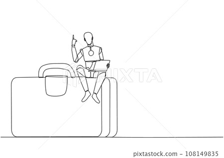 Continuous one line drawing robotic artificial intelligence sitting on giant briefcase holding laptop raise one hand. Programming robots can travel on business. Single line design vector illustration Continuous one line drawing robotic artificial intelligence sitting on giant briefcase holding laptop raise one hand. Programming robots can travel on business. Single line design vector illustration 108149835
