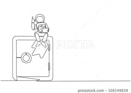 Single continuous line drawing young energetic astronaut sitting on giant safe deposit box holding laptop raise one hand. Store expedition data in a safe place. One line design vector illustration Single continuous line drawing young energetic astronaut sitting on giant safe deposit box holding laptop raise one hand. Store expedition data in a safe place. One line design vector illustration 108149839