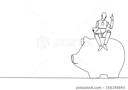 Continuous one line drawing robotic artificial intelligence sitting on big piggy bank holding laptop raise one hand. Robots make investments. Future concept. Single line design vector illustration 108149843