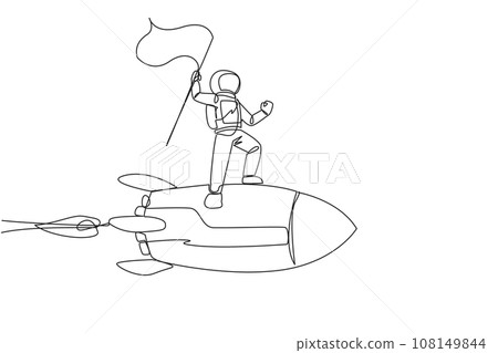 Single one line drawing young energetic astronaut standing on flying rocket through the sky holding fluttering flag. Space travel to the moon. Cosmonaut. Continuous line design graphic illustration Single one line drawing young energetic astronaut standing on flying rocket through the sky holding fluttering flag. Space travel to the moon. Cosmonaut. Continuous line design graphic illustration 108149844