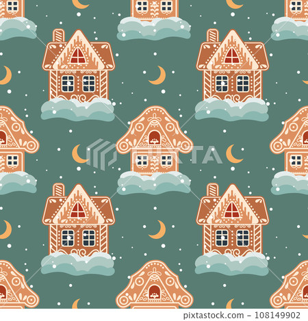 Christmas seamless pattern of gingerbread houses with snow and moon. Festive background in flat cartoon style. Vector Christmas seamless pattern of gingerbread houses with snow and moon. Festive background in flat cartoon style. Vector 108149902