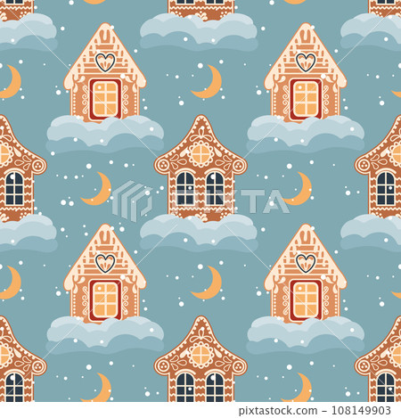 Christmas seamless pattern of gingerbread houses with snow and moon. Festive background in flat cartoon style. Vector Christmas seamless pattern of gingerbread houses with snow and moon. Festive background in flat cartoon style. Vector 108149903