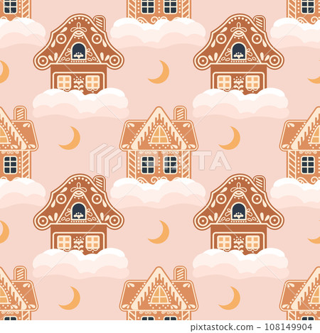 Christmas seamless pattern of gingerbread houses with snow and moon. Festive background in flat cartoon style. Vector Christmas seamless pattern of gingerbread houses with snow and moon. Festive background in flat cartoon style. Vector 108149904