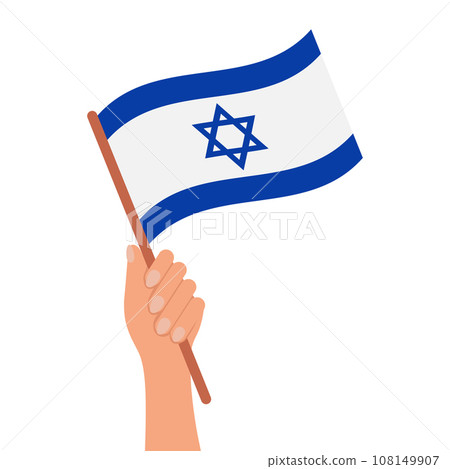 Hand with Israel flag. Israel Independence Day. Illustration, vector Hand with Israel flag. Israel Independence Day. Illustration, vector 108149907